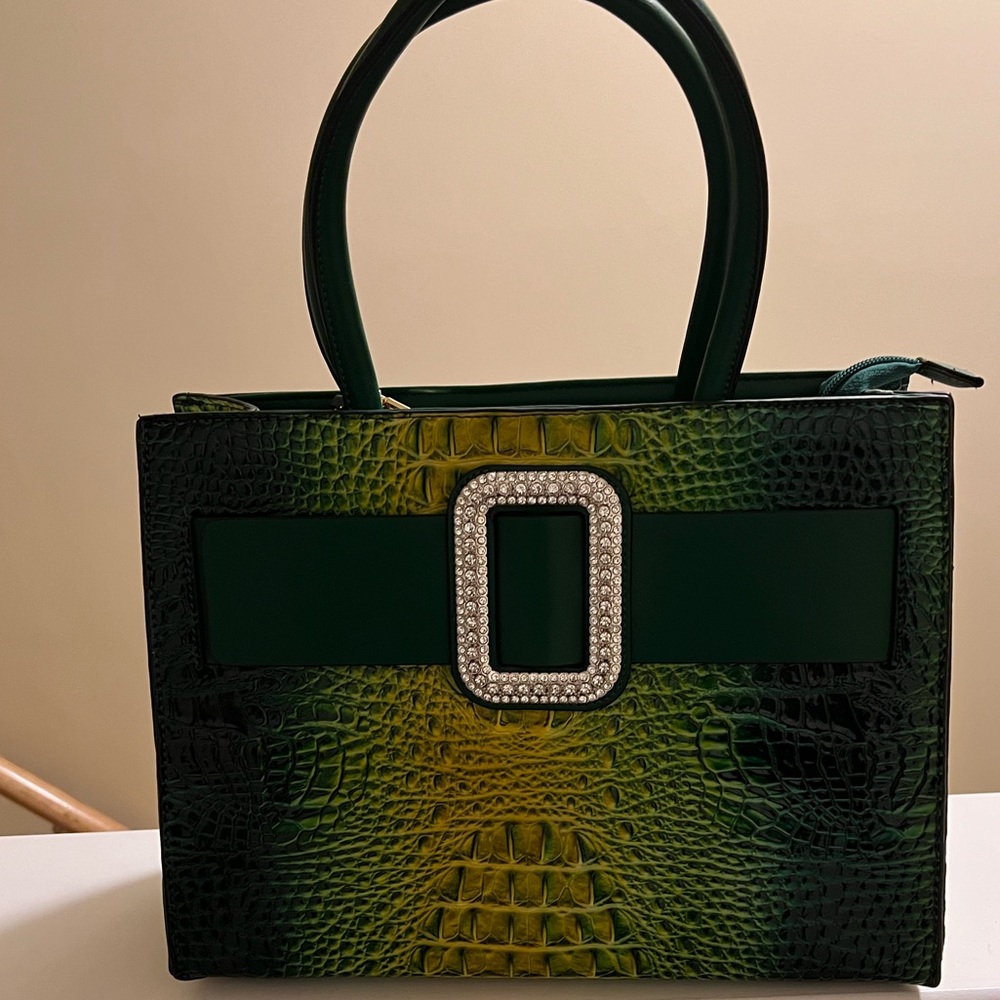 Green Croc-Embossed Tote with Crystal Buckle
